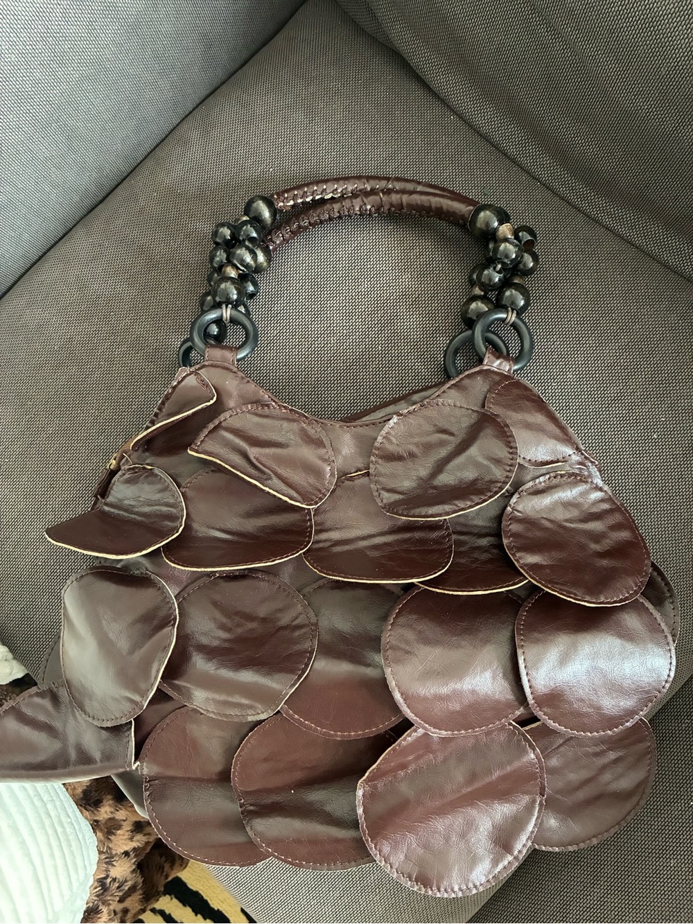 Brown Leather Circle-Patch Handle Shoulder Bag